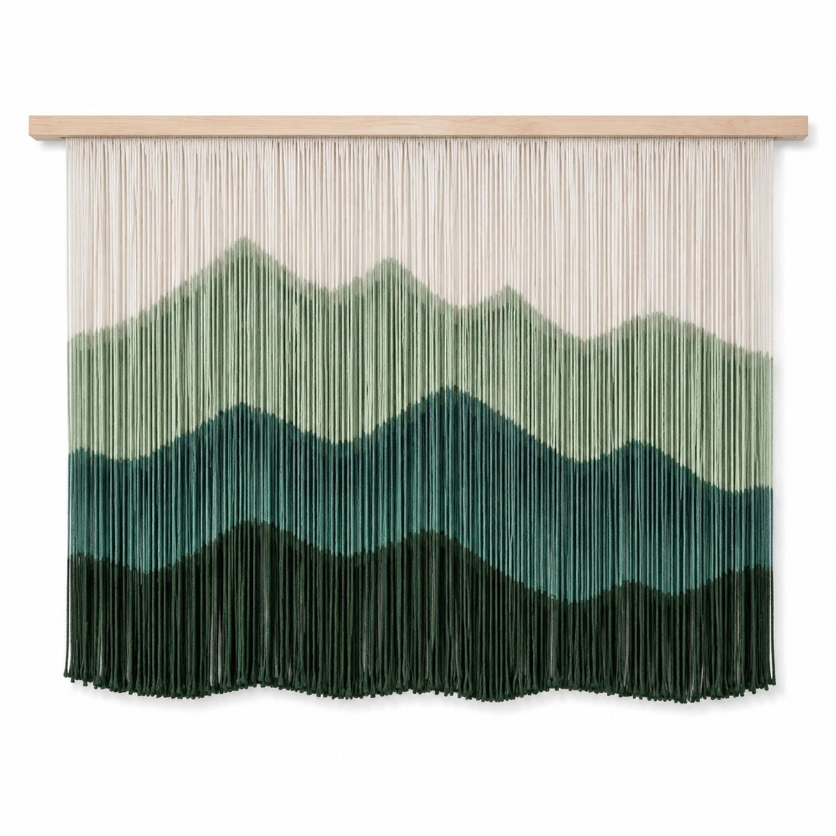 Wandteppich 100 x 90 cm aus Textilfasern und Holz in Grün mit Bergmotiv