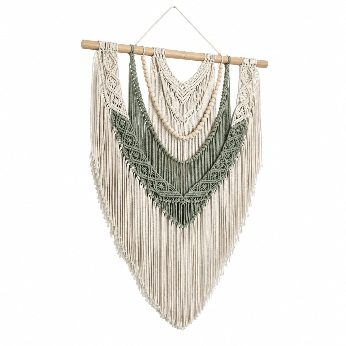 Makramee Wandbehang 60 x 100 cm aus Baumwollkordel in Cremegrün mit Holzstab im Boho Stil