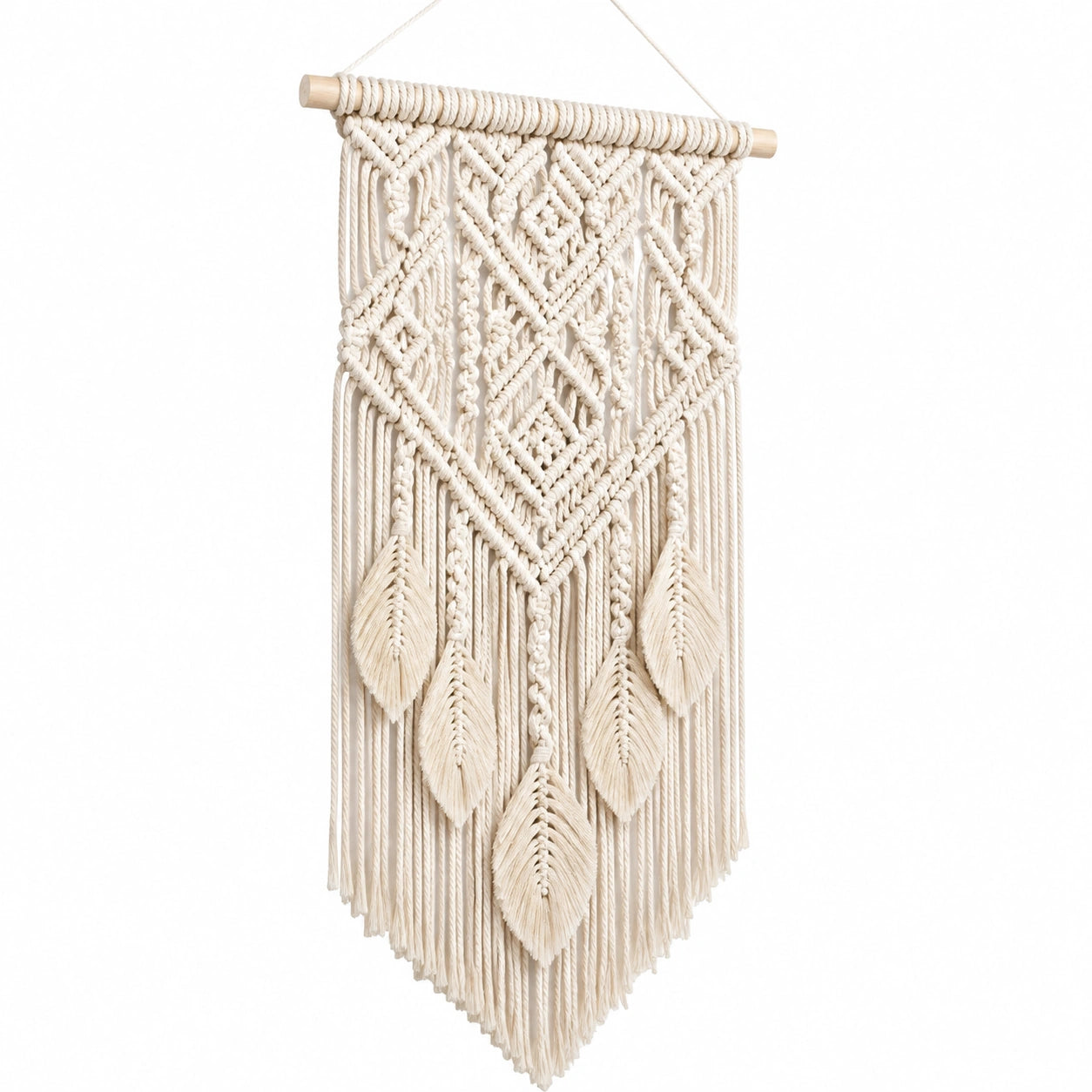 Makramee Wandbehang 40 cm x 90 cm Baumwolle Creme mit Holzstab für Wohnraum im Boho Stil