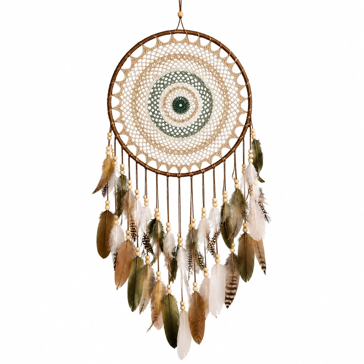 Traumfänger 40 cm x 90 cm mit Garn Federn und Holzperlen in Beige Grün Braun