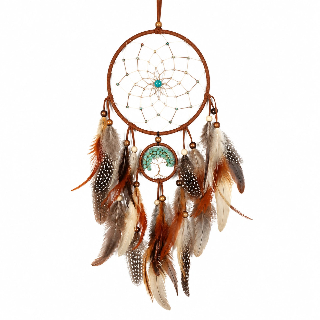 Traumfänger 25 x 70 cm mit Federbesatz in Braun Beige Türkis - Hängedekoration im Boho-Stil