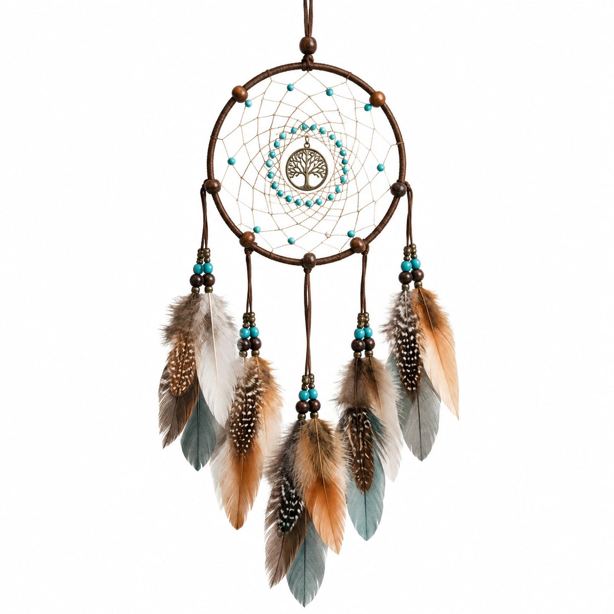 Traumfänger 20 x 55 cm mit Federn Holzperlen Braun/Türkis Boho Wanddekoration
