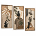 3-teiliges Wandbild Set 20 x 40 cm aus Holz Natur Schwarz mit Katzenmotiv im Reliefstil