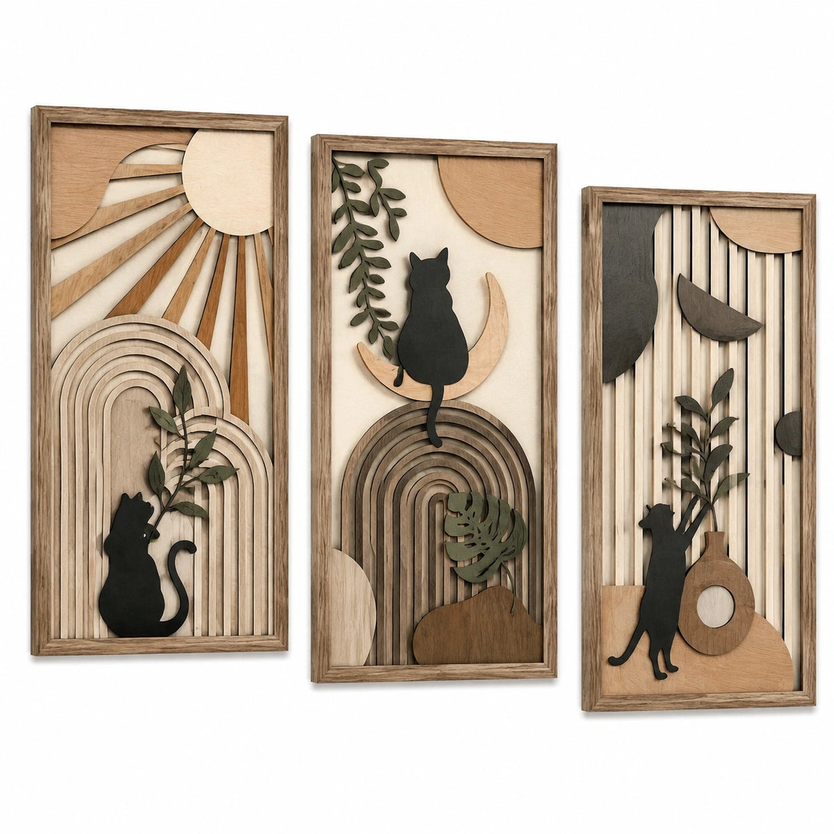 3-teiliges Wandbild Set 20 x 40 cm aus Holz Natur Schwarz mit Katzenmotiv im Reliefstil