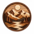 Runde Wanddekoration 40 cm aus Holz in Braun Natur mit Berglandschaft