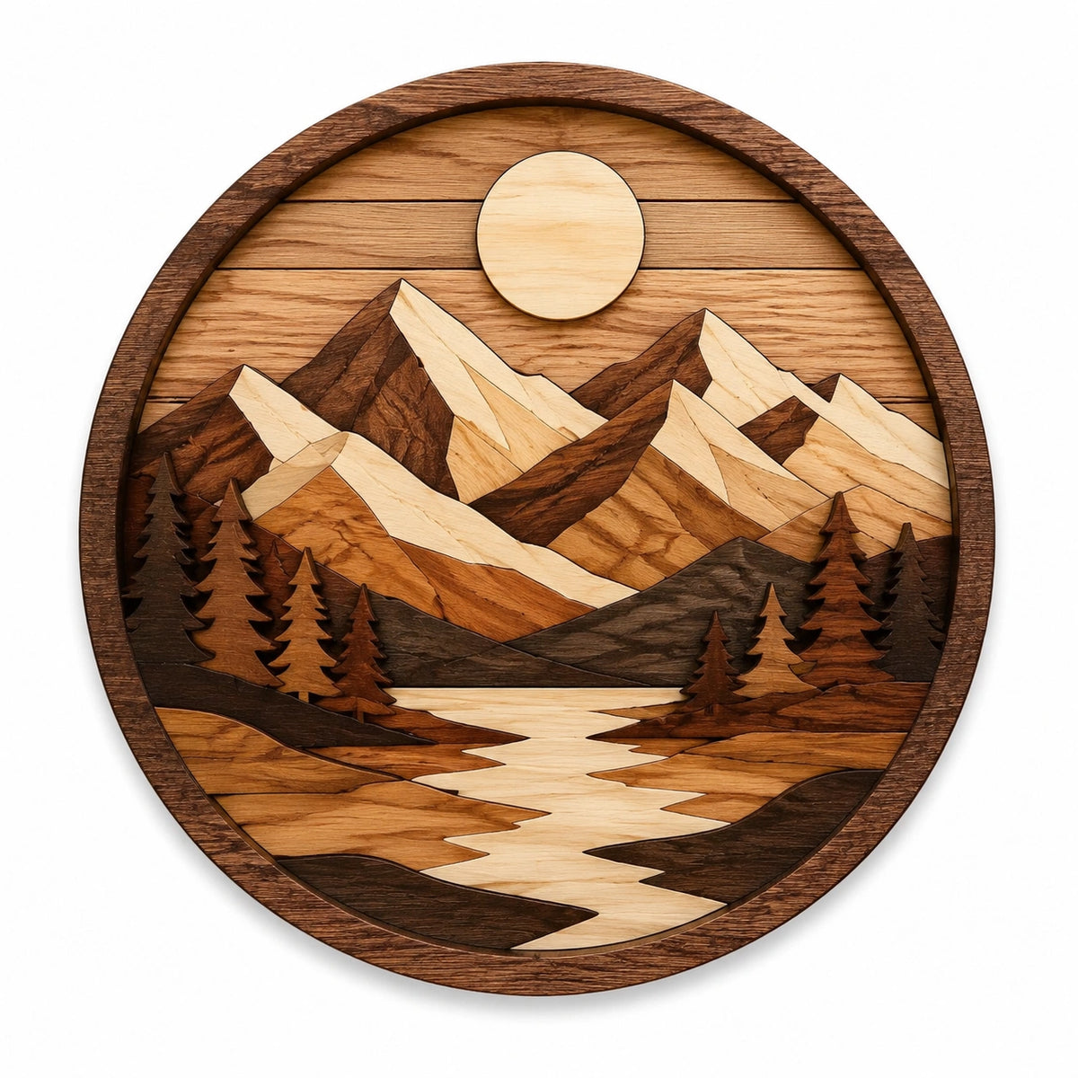 Runde Wanddekoration 40 cm aus Holz in Braun Natur mit Berglandschaft