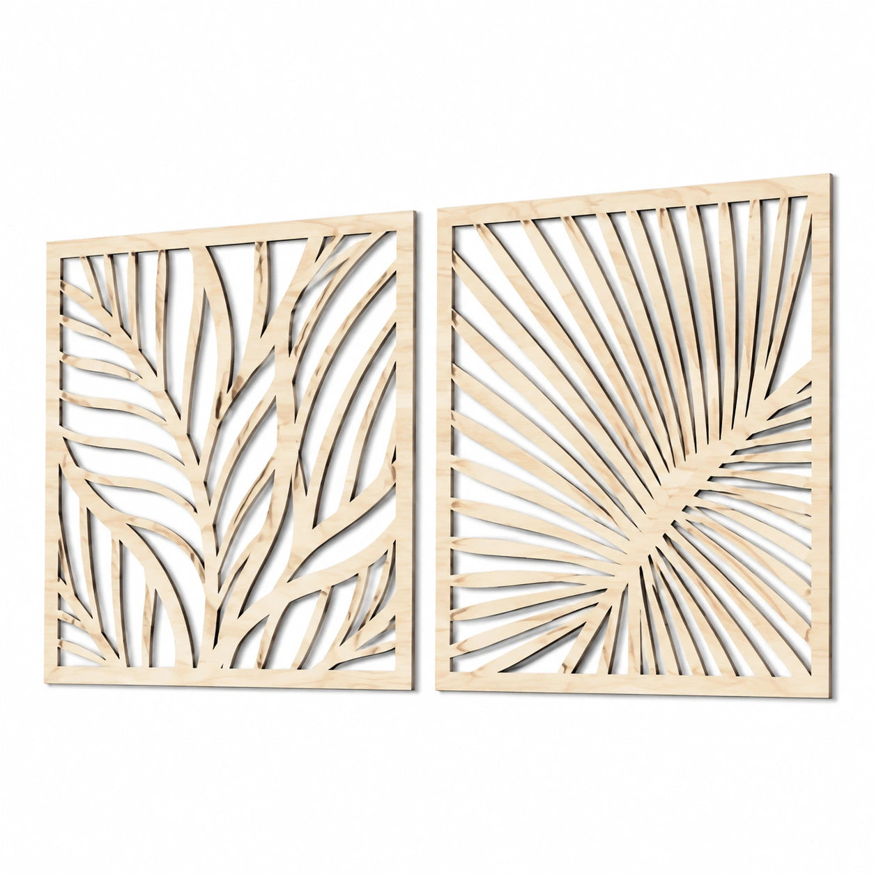 Wanddekoration 2er Set 60 x 90 cm Holz Naturfarben Blattmotiv Durchbrochen