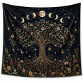 Wandteppich 150 x 150 cm aus Polyester Schwarz Gold mit Lebensbaum Mondmotiv für Wanddekoration