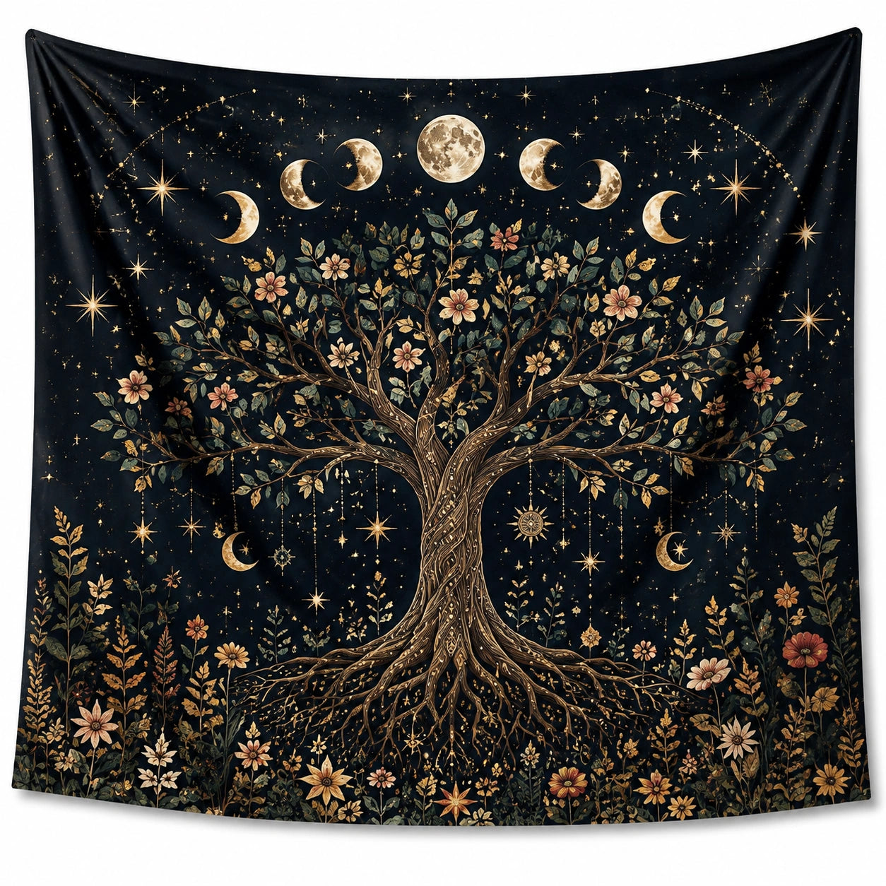 Wandteppich 150 x 150 cm aus Polyester Schwarz Gold mit Lebensbaum Mondmotiv für Wanddekoration