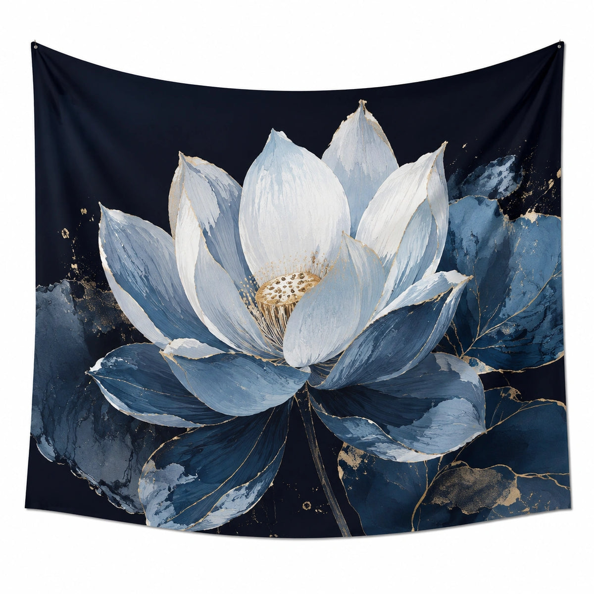 Wandteppich 150 x 130 cm aus Polyester in Dunkelblau Weiß mit Blumenmotiv für die Wanddekoration