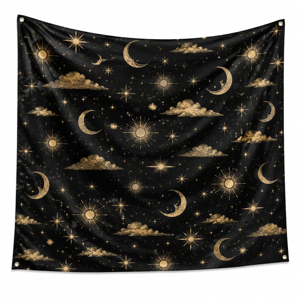Wandteppich 150 x 150 cm schwarzes Textilgewebe mit Mond Sterne Muster für Wanddekoration