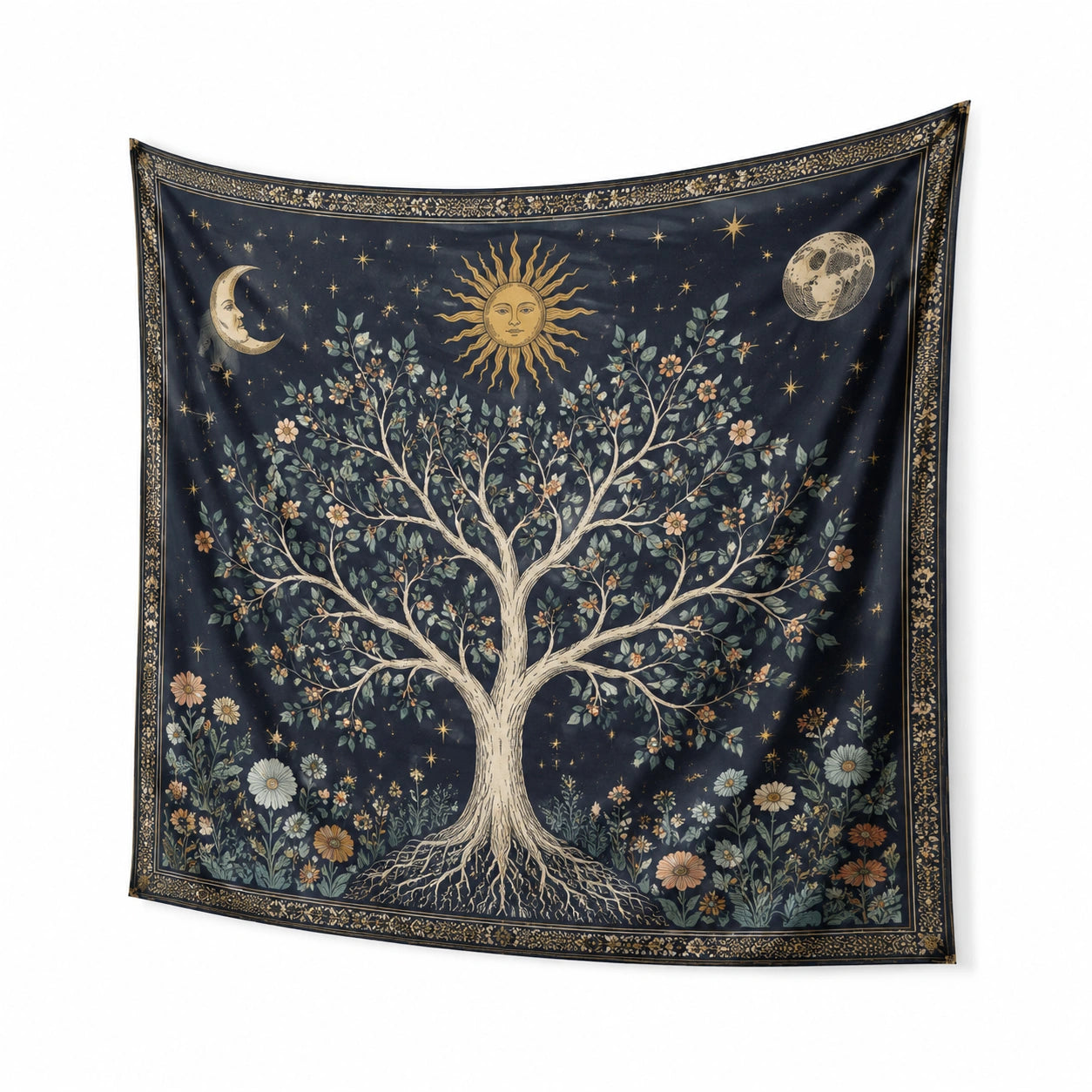 Wandteppich 150 x 130 cm aus Polyester in Dunkelblau mit Baum Mond und Sternen Motiv
